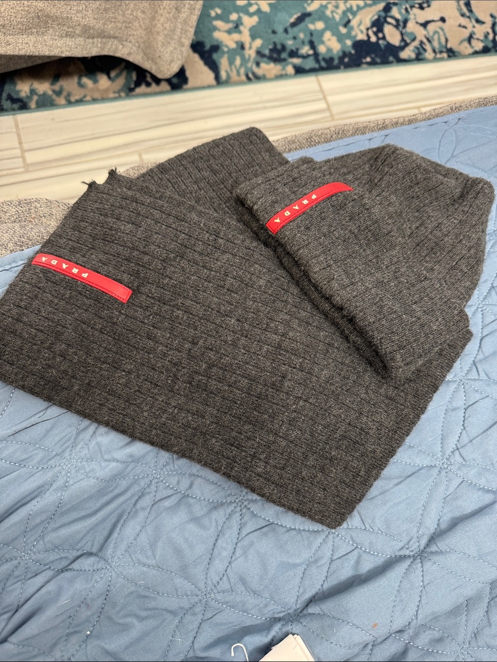 Prada Gray Ribbed Knit Scarf and hat with Red Logo Tabs unisex